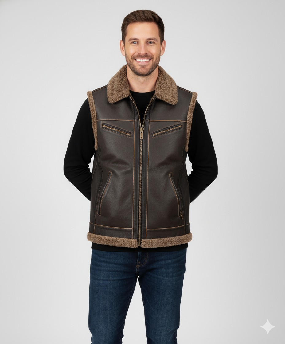 Close-up of the front of the brown leather vest, showing the vertical contrast stitching and metal zippers.