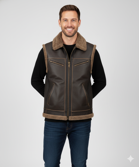 Close-up of the front of the brown leather vest, showing the vertical contrast stitching and metal zippers.