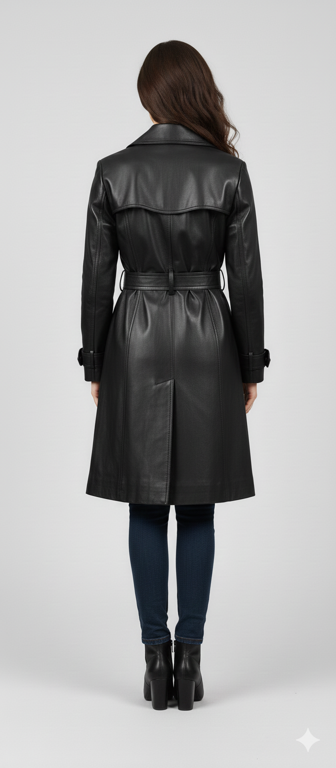 Close-up of the smooth black leather texture and tonal buttons on a luxury women's trench jacket.