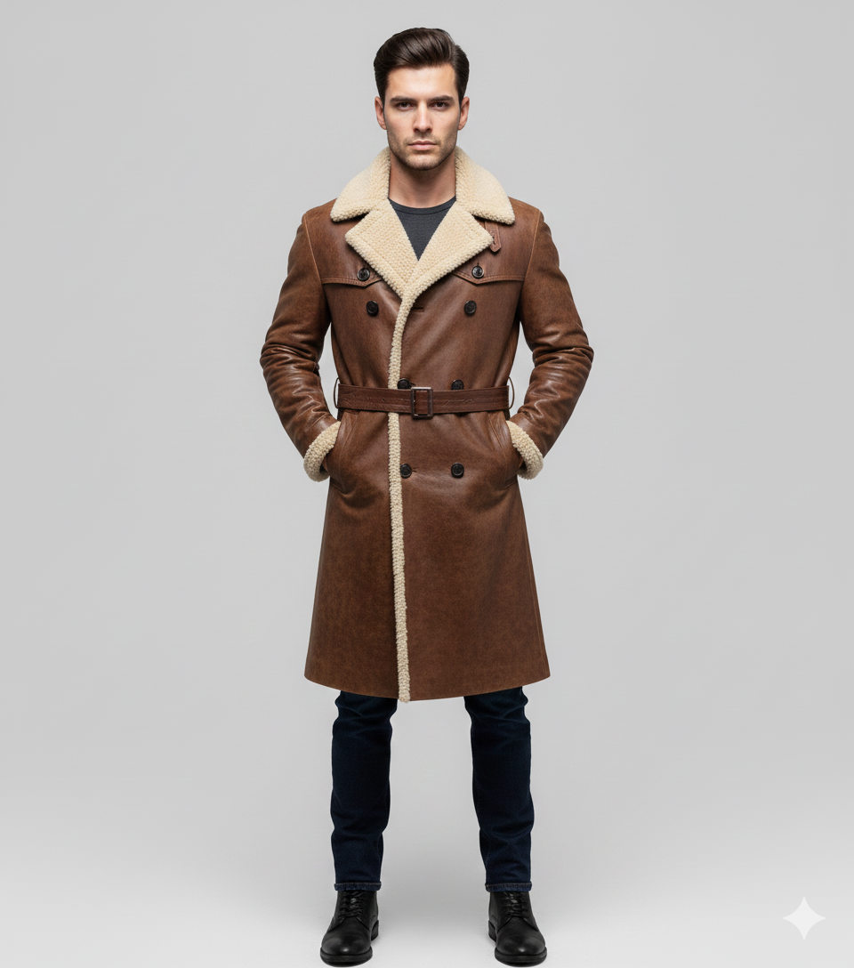 Men's brown leather trench coat with cream shearling lining and a double-breasted front.