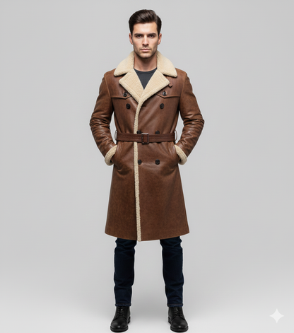 Men's brown leather trench coat with cream shearling lining and a double-breasted front.