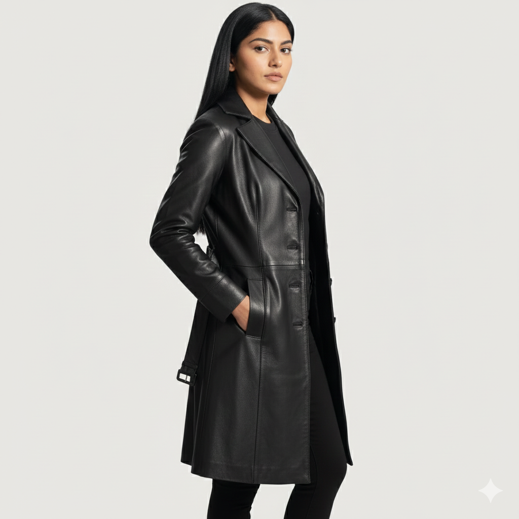 Minimalist fashion: a black leather midi jacket styled 