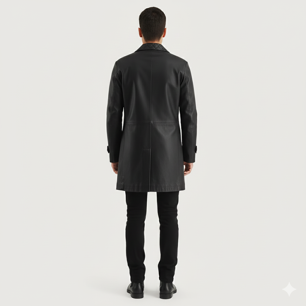 Close-up of the smooth black leather finish and intricate diamond-quilt stitching on the lapels of a premium coat.