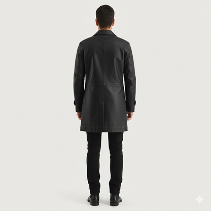 Close-up of the smooth black leather finish and intricate diamond-quilt stitching on the lapels of a premium coat.