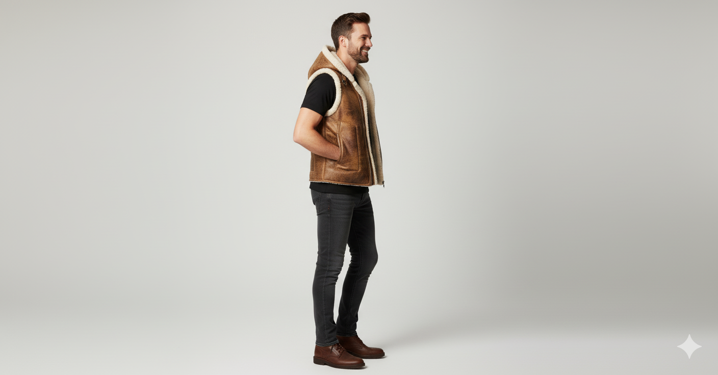Rugged distressed leather hooded vest lined with cream shearling for a cozy, casual winter look.