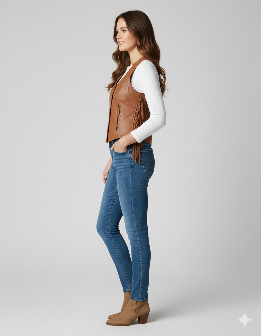 Women's classic medium brown leather vest with snap button closure, V-neck, and lace-up detail on the sides.