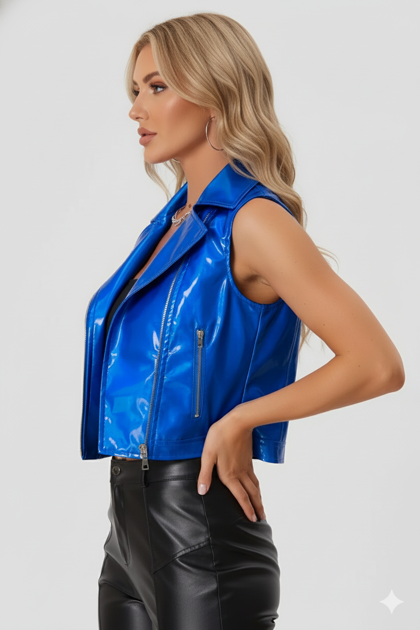 Vibrant blue sleeveless jacket with shiny patent leather texture and silver hardware, styled for an edgy, glamorous look.