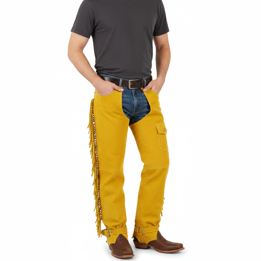 Men's canary gold yellow suede western chaps with a cargo pocket, side fringe, and adjustable spur straps.
