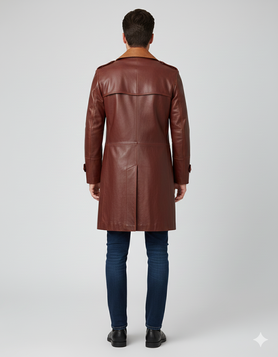 Close-up of the smooth mahogany leather finish and contrasting tan suede-style notched lapels.