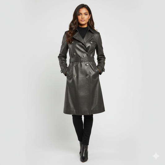 Women's classic black longline trench coat with a double-breasted button front and buckled belt.
