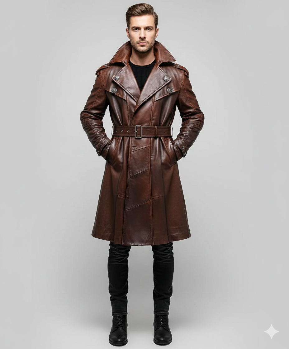Men's mahogany distressed brown leather trench coat with double-breasted buttons and a belted waist.