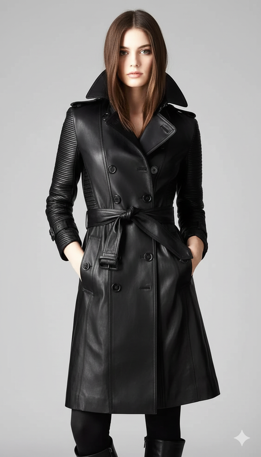 Women's black leather moto trench coat with quilted sleeves and a belted waist.