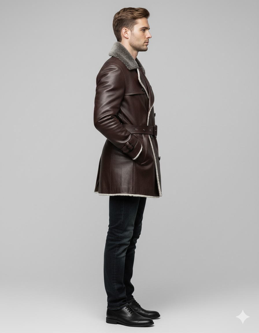 Male model wearing a luxury mahogany leather shearling coat