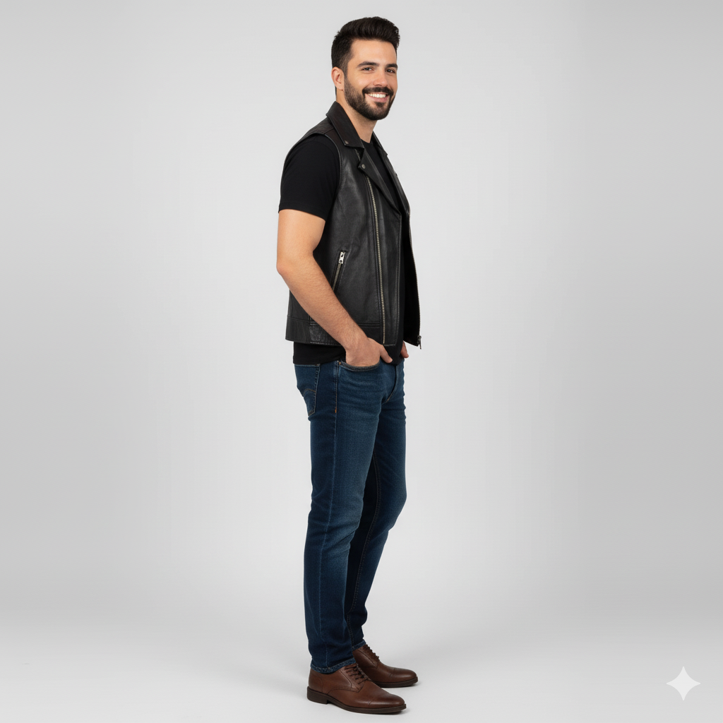 Sleek black leather cut-off vest in the classic asymmetrical motorcycle jacket style.