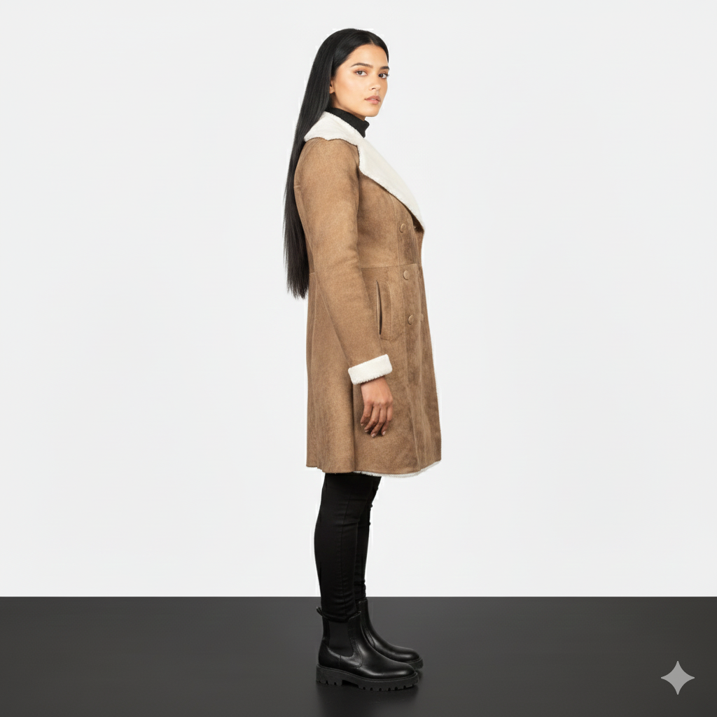 Model wearing a sophisticated shearling-trimmed tan coat over a black sweater and leggings with boots.