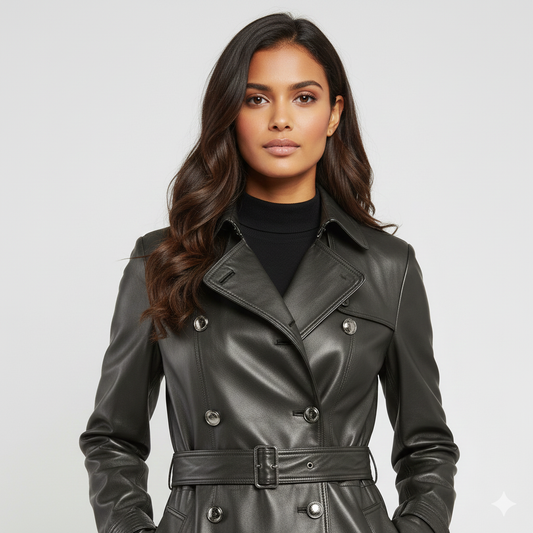 Full-length black professional coat for women featuring shoulder epaulettes, buckled cuffs, and a tailored waist.