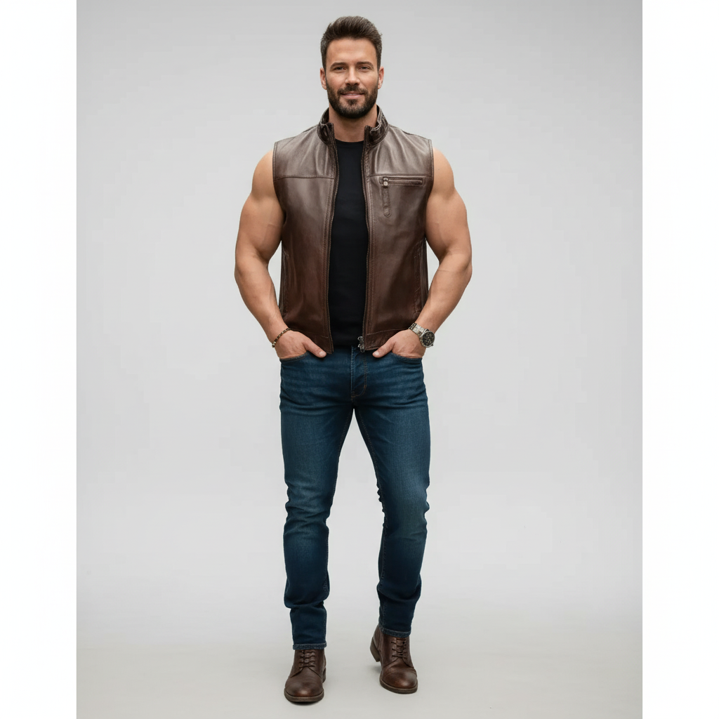 Full-length photo of a man wearing a smooth, dark brown leather vest over a black t-shirt and dark blue jeans.
