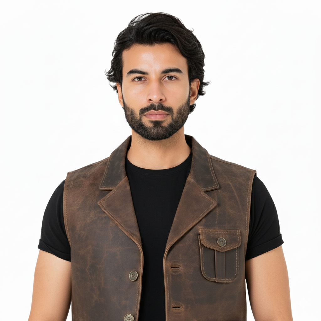 Close-up of the distressed texture of the brown leather and the large dark brown buttons on the field vest.