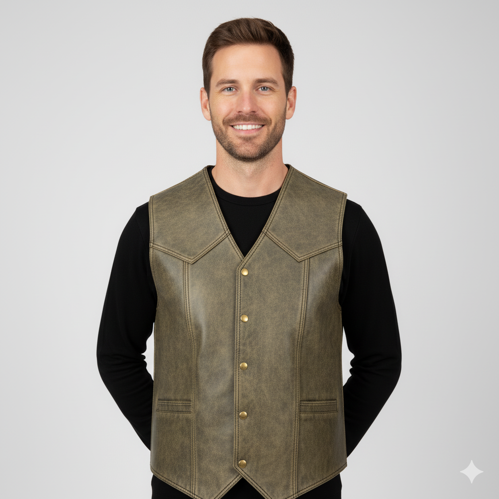 Full body shot of a man wearing a smooth olive green leather waistcoat over a black long-sleeve shirt and dark blue jeans.