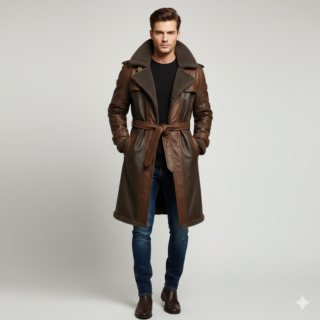 Men's tonal brown paneled leather trench coat with charcoal shearling lining and a tie-waist belt.