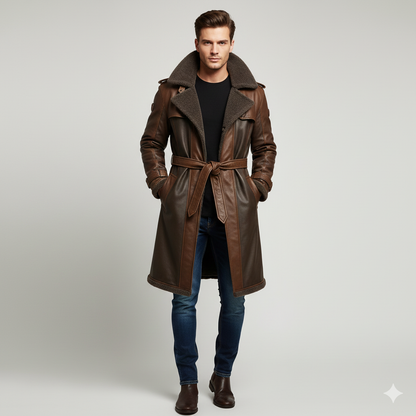 Men's tonal brown paneled leather trench coat with charcoal shearling lining and a tie-waist belt.
