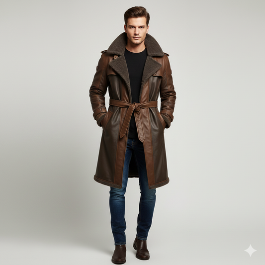 Men's tonal brown paneled leather trench coat with charcoal shearling lining and a tie-waist belt.