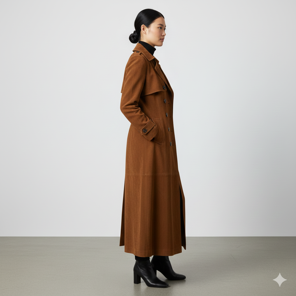 Model wearing a sophisticated tan belted maxi trench coat 