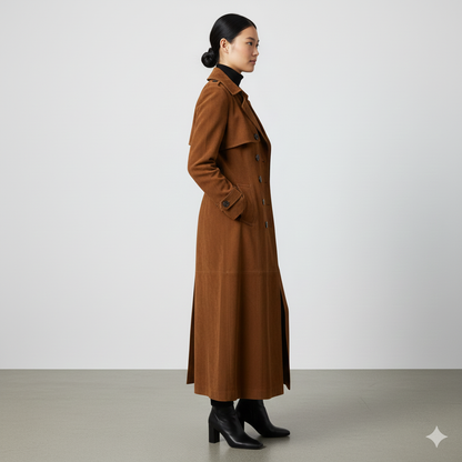 Model wearing a sophisticated tan belted maxi trench coat 