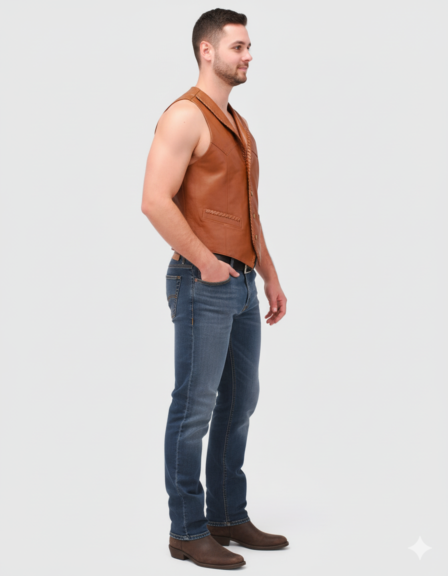 Sleeveless brown cowboy vest with V-front, gold-tone snaps, and a unique, hand-stitched collar detail.