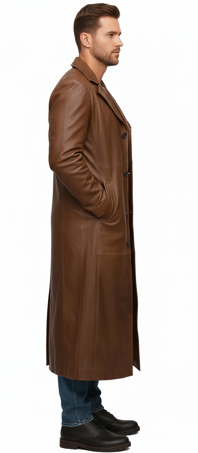 Model wearing a luxury cognac leather maxi coat