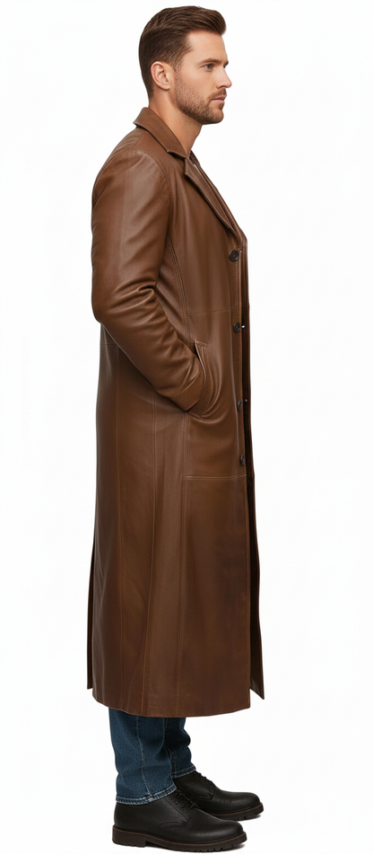 Model wearing a luxury cognac leather maxi coat