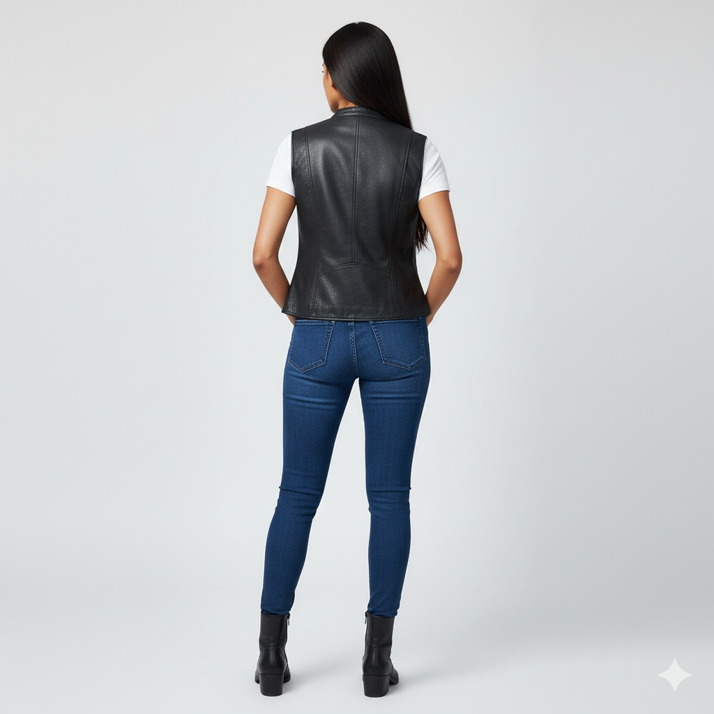 Sleek black leather zip-up vest with silver hardware and a high collar, styled with black ankle boots.