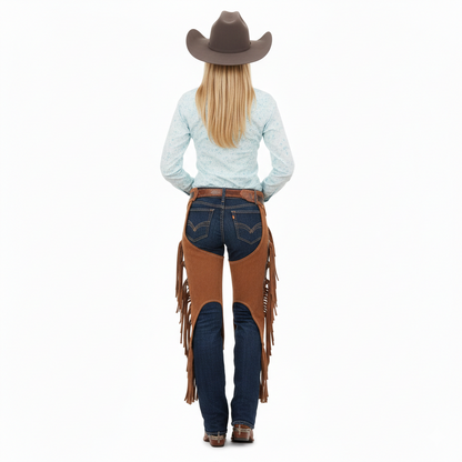 Female rider wearing tan suede protective fringe chaps with a cowgirl hat and western floral shirt for a ranch aesthetic.