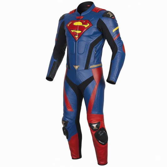 Spider-Man-themed Red and Blue Leather Motorcycle Racing Suit with a black spider logo on the chest and protective knee sliders.