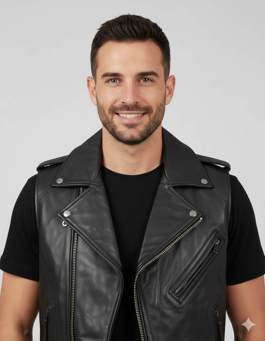 Full-length photo of a man wearing a black leather motorcycle vest over a black t-shirt and dark jeans.