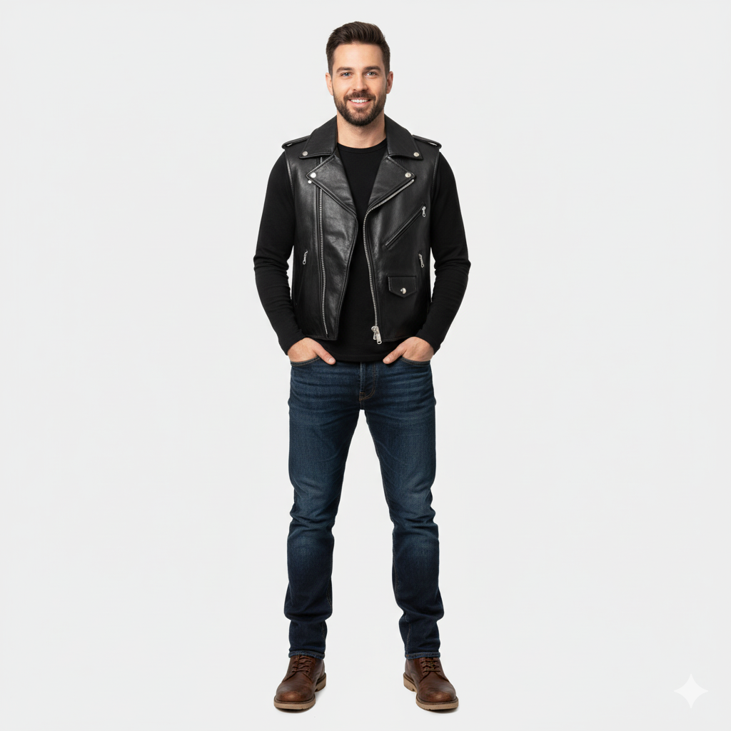 Full body shot of a man wearing a black leather moto vest over a black t-shirt and blue jeans.