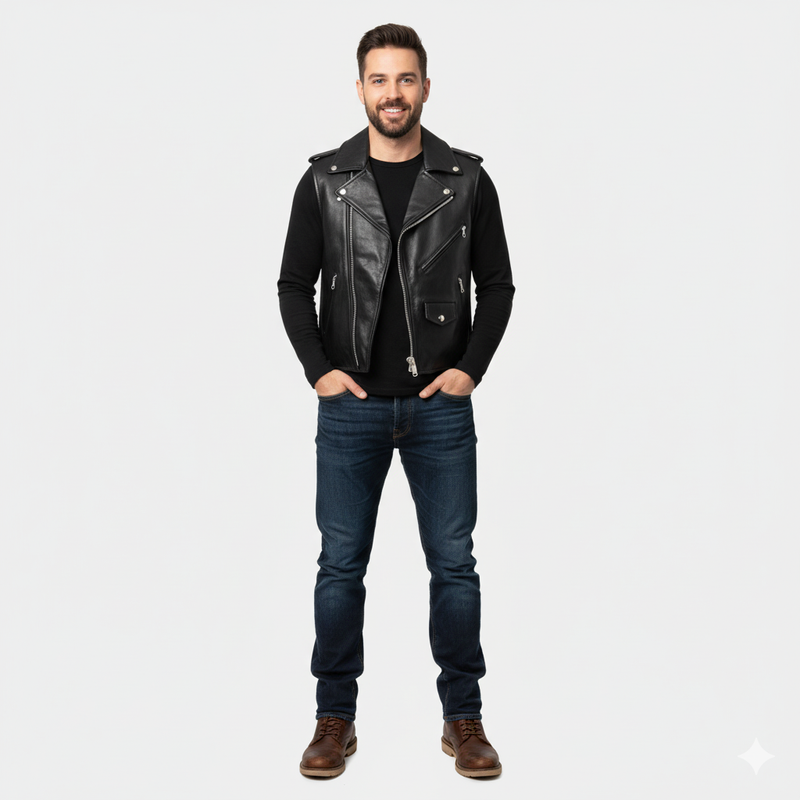 Full body shot of a man wearing a black leather moto vest over a black t-shirt and blue jeans.