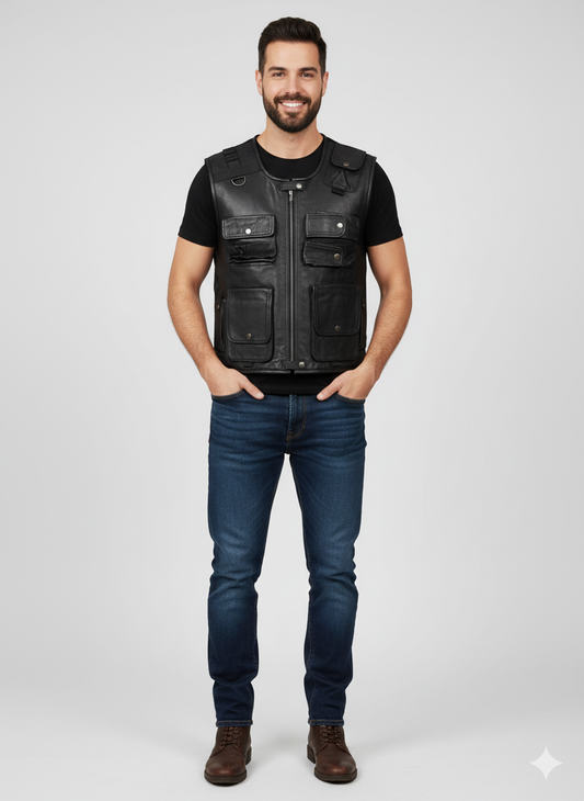 Men's classic black leather V-neck vest with front snap buttons and adjustable leather side lacing.
