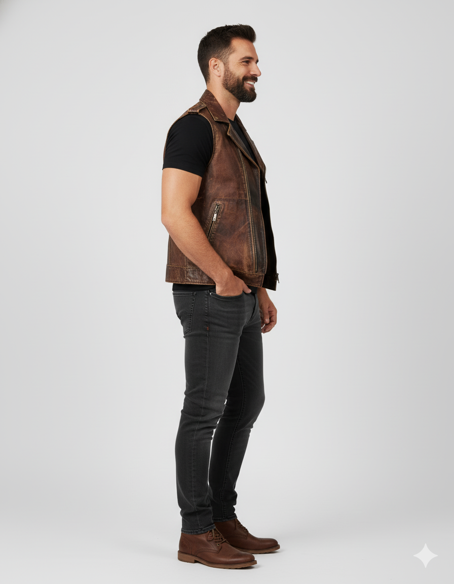 Men's two-tone brown leather vest with a contrasting dark brown shoulder yoke, stand collar, and full front zipper.