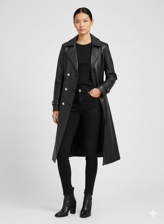 Women's black leather longline trench coat with silver buttons and a belted waist.