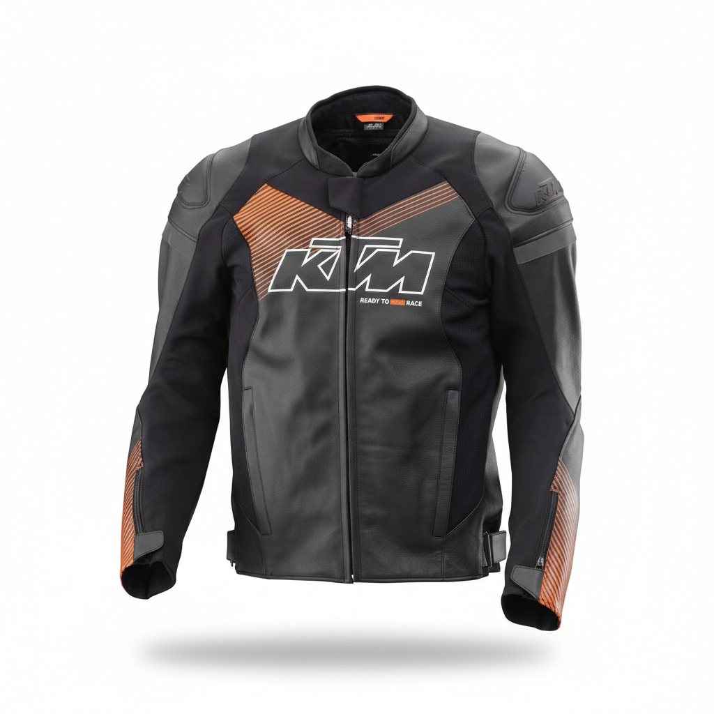 KTM Racing stealth black leather motorcycle racing jacket.