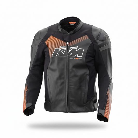KTM Racing stealth black leather motorcycle racing jacket.