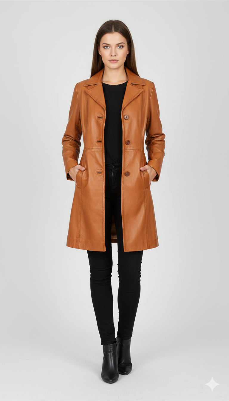 Women's tan leather tailored coat with a single-breasted button front and notched lapels.