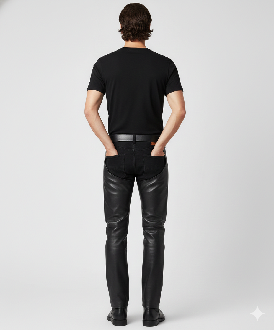 Male model wearing black grain leather chaps over black jeans for a rugged motorcycle-inspired look.