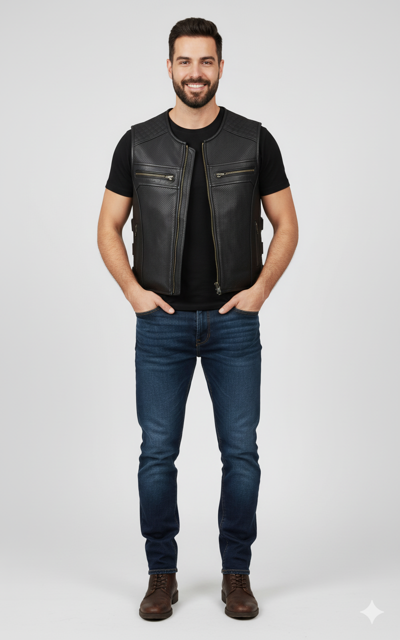 Men's black perforated leather motorcycle vest with quilted shoulder panels, side zippers, and silver hardware.
