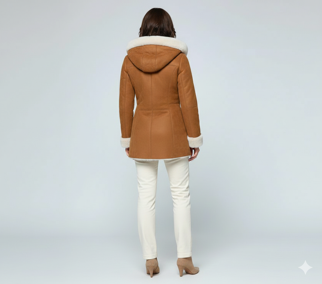 Close-up of the smooth tan exterior and dense cream fur hood trim on a luxury women's winter jacket.