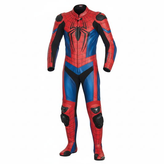 Spider-Man-themed Red and Blue Leather Motorcycle Racing Suit with a black spider logo on the chest and protective knee sliders.
