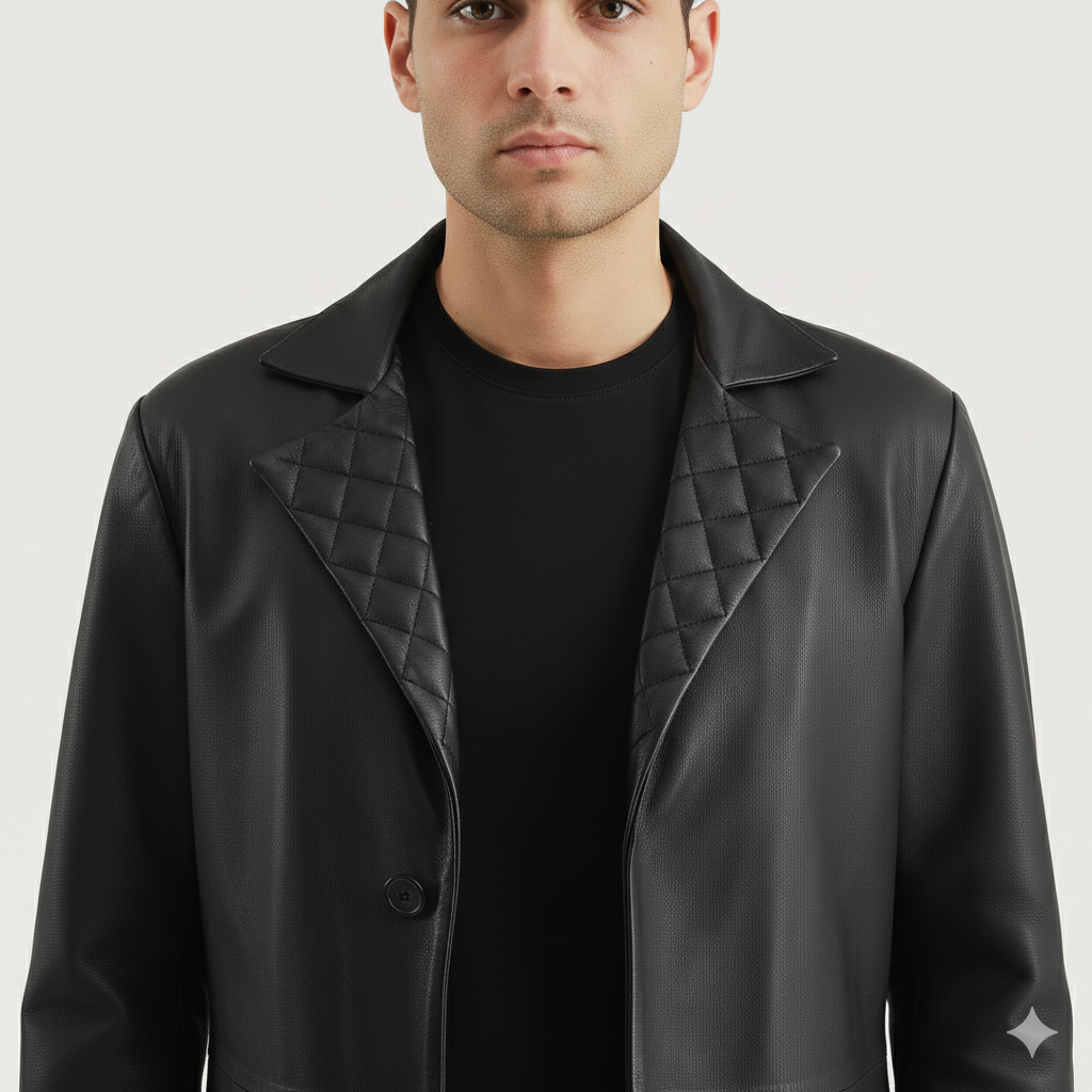 Tailored mid-length black leather overcoat for men featuring subtle padded quilt detailing on the collar.