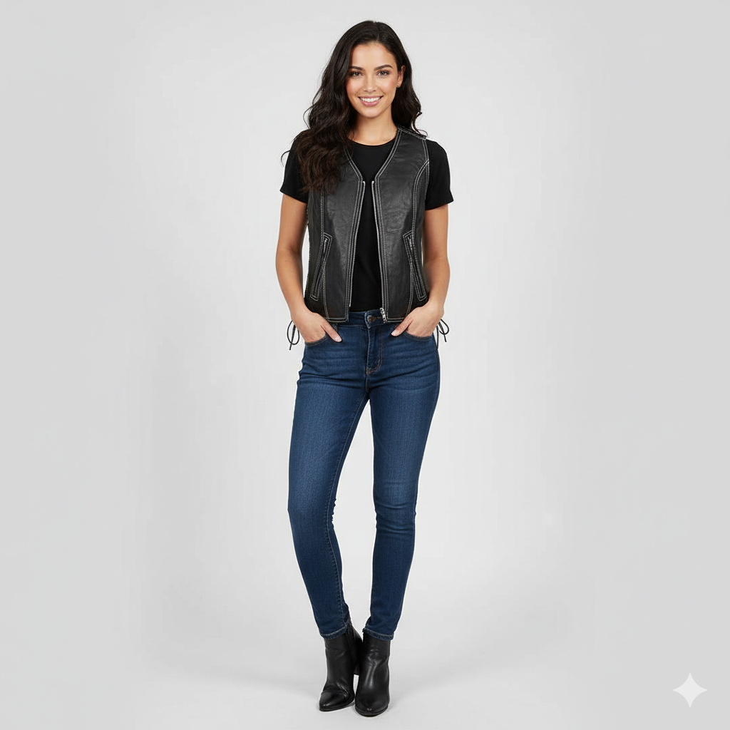 Women's black leather vest with a central zipper, V-neckline, and white contrast stitching detail.