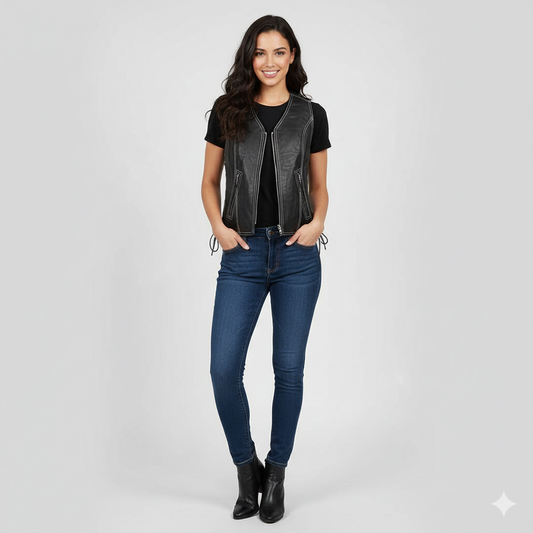 Women's black leather vest with a central zipper, V-neckline, and white contrast stitching detail.